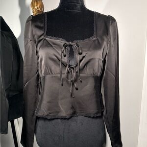 House of Harlow 1960 Black Satin Tie-Front Blouse